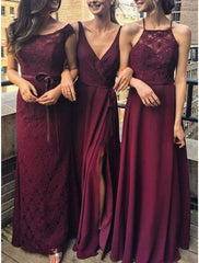 Sheath / Column Bridesmaid Dress Halter / V Neck / Jewel Neck Sleeveless Elegant Floor Length Chiffon / Lace with Split Front / Solid Color - RongMoon