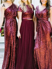 A-Line Bridesmaid Dress One Shoulder Sleeveless Sexy Floor Length Chiffon / Sequined with Pleats / Sequin - RongMoon