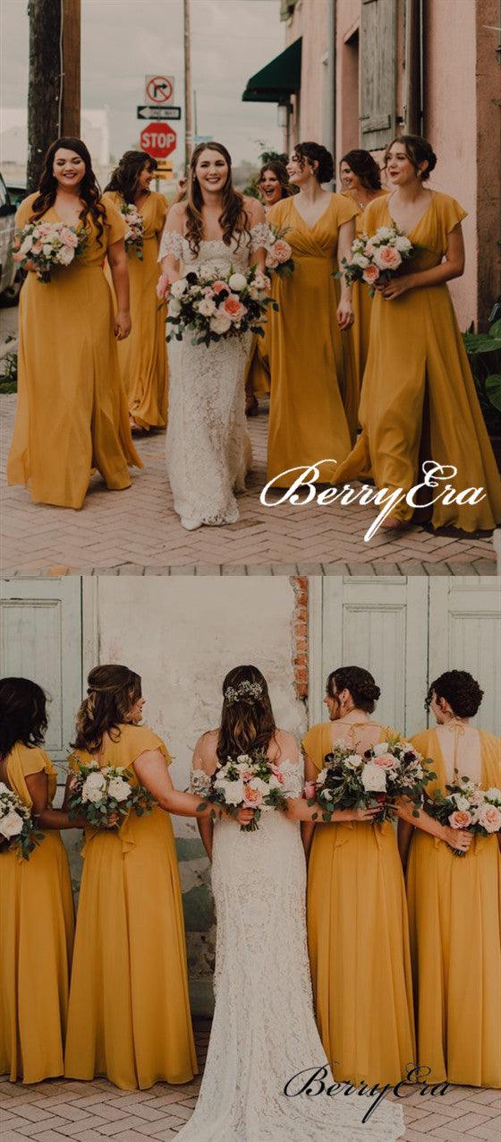 Short Sleeves A-line Ginger Yellow Chiffon Slit Bridesmaid Dresses - RongMoon