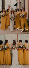 Short Sleeves A-line Ginger Yellow Chiffon Slit Bridesmaid Dresses - RongMoon