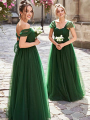 Green Off Shoulder Long A-line Tulle Bridesmaid Dresses, A-line Bridesmaid Dresses, Long Bridesmaid Dresses, RC005 - RongMoon