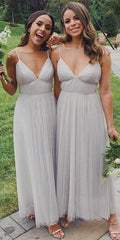 Spaghetti Long A-line Light Grey Tulle Bridesmaid Dresses, Long Bridesmaid Dresses, Bridesmaid Dresses - RongMoon