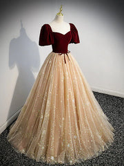 A-Line Prom Dresses Princess Dress Engagement Floor Length Short Sleeve Sweetheart Tulle with Bow(s) Sequin