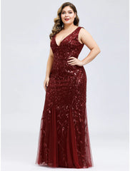 Mermaid / Trumpet Evening Gown Plus Size Dress Wedding Guest Engagement Floor Length Sleeveless V Neck Lace V Back with Appliques