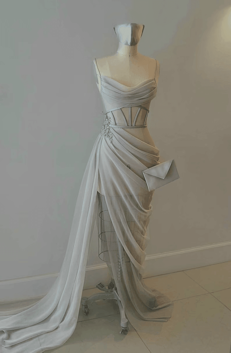 Handmade Draped Gray Silver Blue Chiffon Sheer Mesh Corset High Slit Beaded Lace Embroidered Gown Dress Formal Prom Bridal Bridesmaids - RongMoon