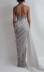 Handmade Draped Gray Silver Blue Chiffon Sheer Mesh Corset High Slit Beaded Lace Embroidered Gown Dress Formal Prom Bridal Bridesmaids - RongMoon