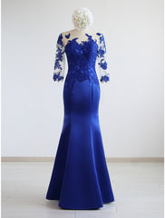 Mermaid / Trumpet Evening Gown Elegant Dress Formal Floor Length Half Sleeve Illusion Neck Satin with Pleats