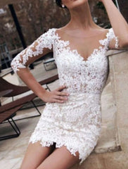 Reception Little White Dresses Wedding Dresses Sheath / Column Illusion Neck Half Sleeve Short / Mini Lace Bridal Gowns With Appliques