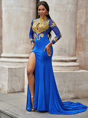 Applique Long Sleeves Jersey High Neck Prom Dresses Blue