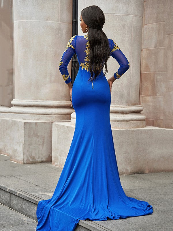 Applique Long Sleeves Jersey High Neck Prom Dresses Blue