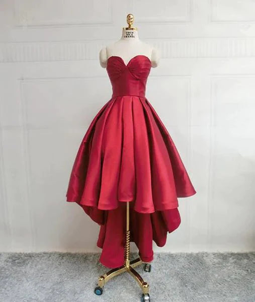 High Low Sweetheart Neck Strapless Backless Satin Red Prom Dresses, Red Graduation Dresses, Red Backless Formal Evening Dresses - RongMoon