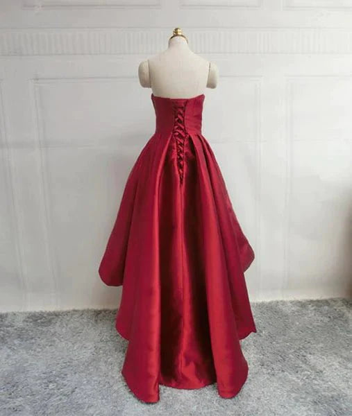 High Low Sweetheart Neck Strapless Backless Satin Red Prom Dresses, Red Graduation Dresses, Red Backless Formal Evening Dresses - RongMoon