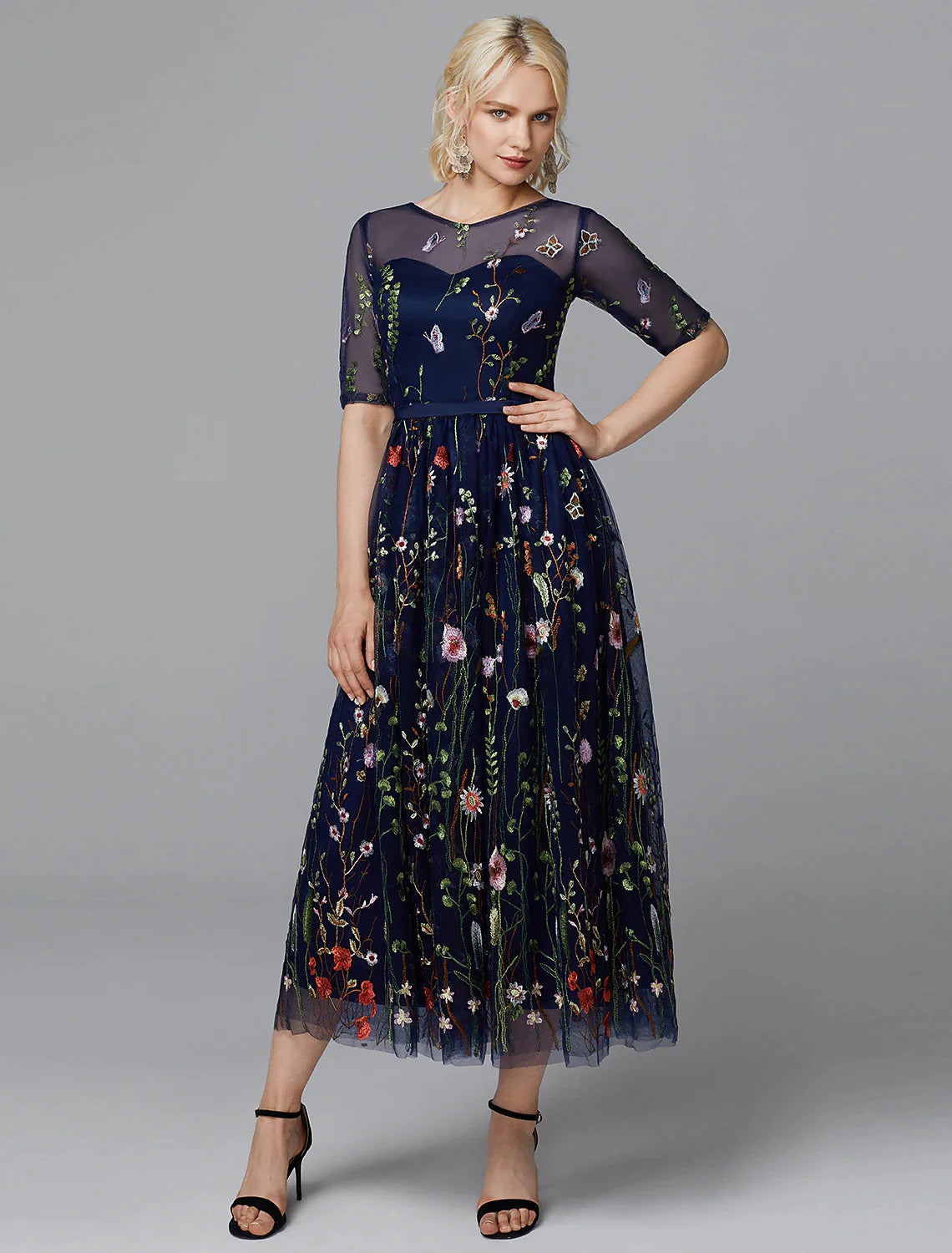 A-Line Floral Dress Holiday Tea Length Half Sleeve Illusion Neck Lace with Embroidery Appliques