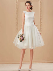 Beach Little White Dresses Wedding Dresses Knee Length A-Line Cap Sleeve Bateau Neck Satin With Draping