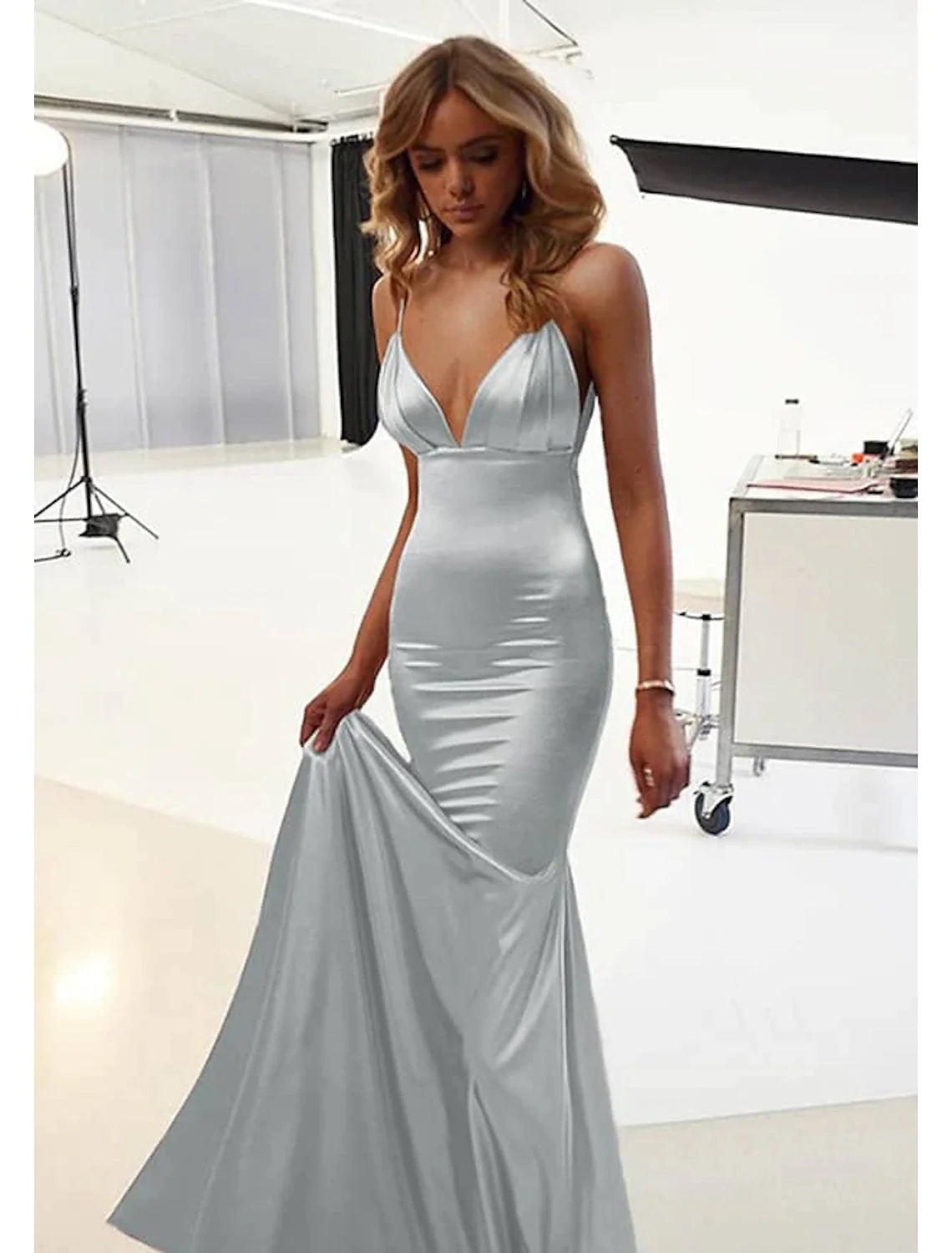 Mermaid / Trumpet Wedding Guest Dresses Sexy Dress Prom Floor Length Sleeveless Spaghetti Strap Cotton Backless with Ruched