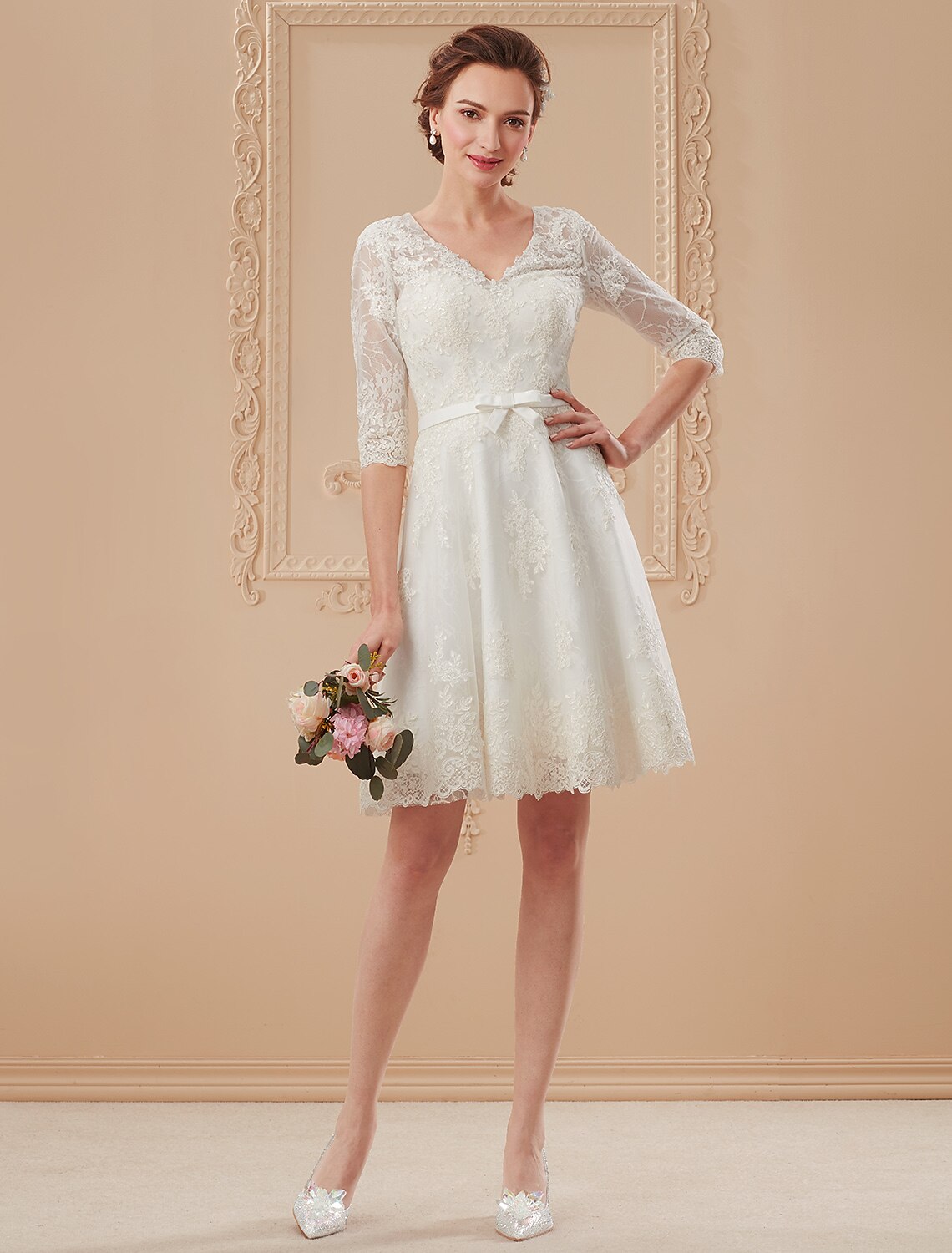 Little White Dresses Wedding Dresses Knee Length A-Line Half Sleeve V Neck Lace With Bowknot Sash / Ribbon