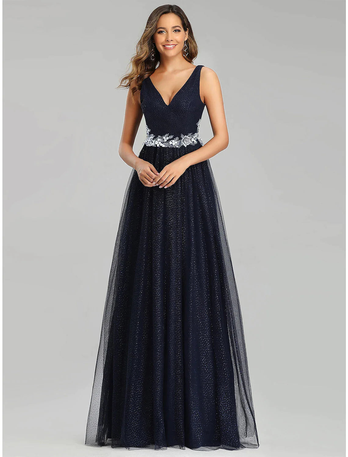 A-Line Prom Dresses Empire Dress Wedding Guest Floor Length Sleeveless V Neck Tulle with Sequin Appliques
