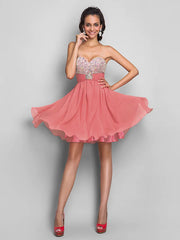 A-Line Cute Dress Wedding Guest Short / Mini Sleeveless Sweetheart Chiffon with Ruched Crystals Beading