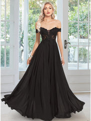 A-Line Evening Gown Floral Dress Wedding Guest Prom Floor Length Sleeveless Off Shoulder Chiffon with Appliques