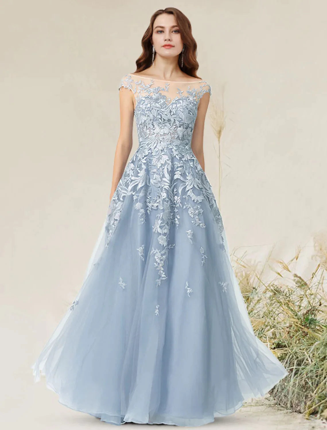 A-Line Empire Elegant Party Wear Formal Evening Dress Jewel Neck Sleeveless Floor Length Lace with Appliques