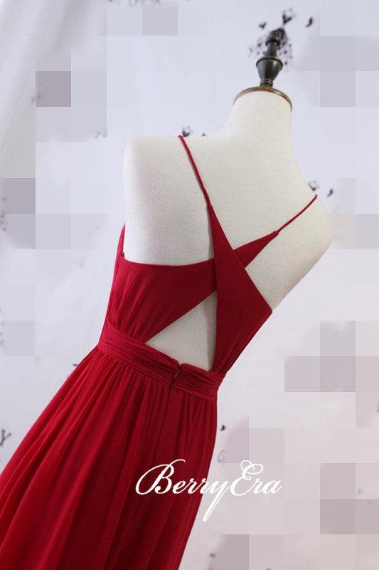 Red Chiffon Long A-line Bridesmaid Dresses, Popular Bridesmaid Dresses - RongMoon