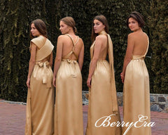 Convertible Long Sheath Gold Elastic Satin Bridesmaid Dresses, Long Bridesmaid Dresses, Bridesmaid Dresses - RongMoon