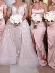 Sheath / Column Bridesmaid Dress Sweetheart Neckline Sleeveless Elegant Sweep / Brush Train Charmeuse with Split Front / Solid Color - RongMoon