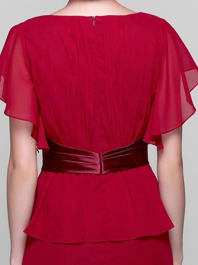 Sheath / Column Mother of the Bride Dress Vintage Inspired V Neck Tea Length Chiffon Short Sleeve with Sash / Ribbon Criss Cross Crystals 2022 / Poet Sleeve - RongMoon