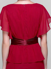Sheath / Column Mother of the Bride Dress Vintage Inspired V Neck Tea Length Chiffon Short Sleeve with Sash / Ribbon Criss Cross Crystals 2022 / Poet Sleeve - RongMoon