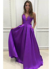 A-Line Prom Dresses Minimalist Dress Formal Floor Length Sleeveless V Neck Pocket Stretch Satin Backless V Back with Pleats Pocket