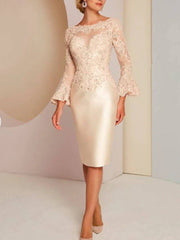 Sheath / Column Mother of the Bride Dress Plus Size Elegant Vintage Jewel Neck Knee Length Lace Satin Long Sleeve with Appliques - RongMoon