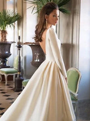 Formal Wedding Dresses Court Train Ball Gown Long Sleeve Scoop Neck Satin With Buttons Pleats