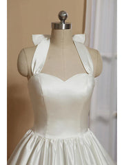 Bridal Shower Little White Dresses Wedding Dresses Tea Length A-Line Sleeveless Halter Satin With Bow(s) Pleats