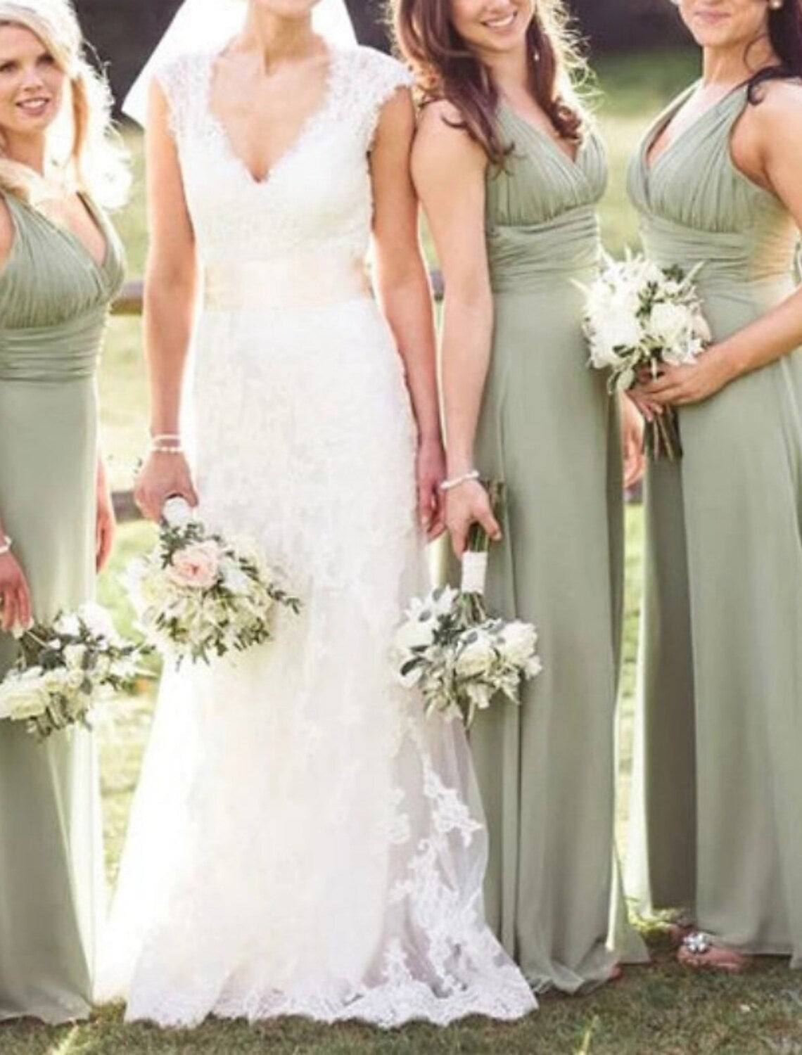 Sheath / Column Bridesmaid Dress V Neck Sleeveless Elegant Floor Length Chiffon with Ruching / Solid Color - RongMoon