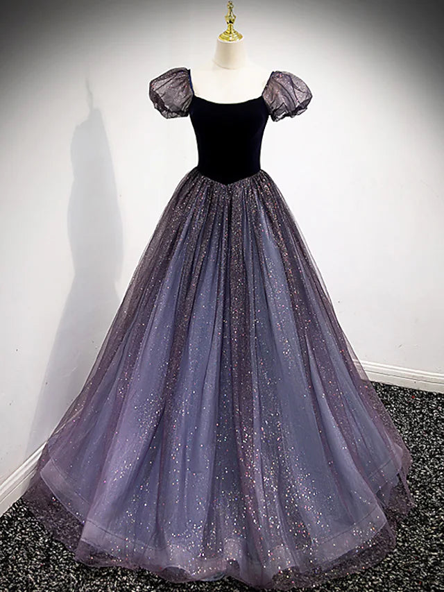 Ball Gown Prom Dresses Cute Dress Engagement Floor Length Short Sleeve Square Neck Tulle with Sequin Splicing