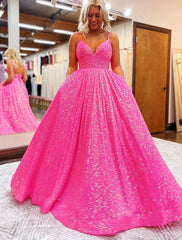 A-Line Prom Dresses Sparkle & Shine Dress Formal Sweep / Brush Train Sleeveless V Neck Sequined Backless with Pleats Sequin