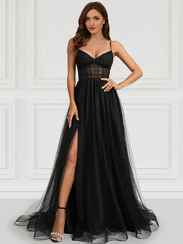A-Line Prom Dresses Corsets Dress Party Wear Court Train Sleeveless Spaghetti Strap Tulle with Slit