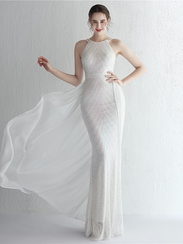 Mermaid / Trumpet Prom Dresses Elegant Dress Formal Floor Length Sleeveless Halter Chiffon with Beading Sequin