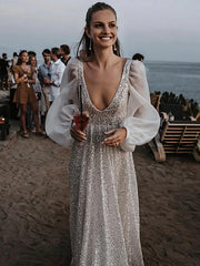 Beach Open Back Boho Wedding Dresses Sweep / Brush Train A-Line Long Sleeve V Neck Sequined With Pleats