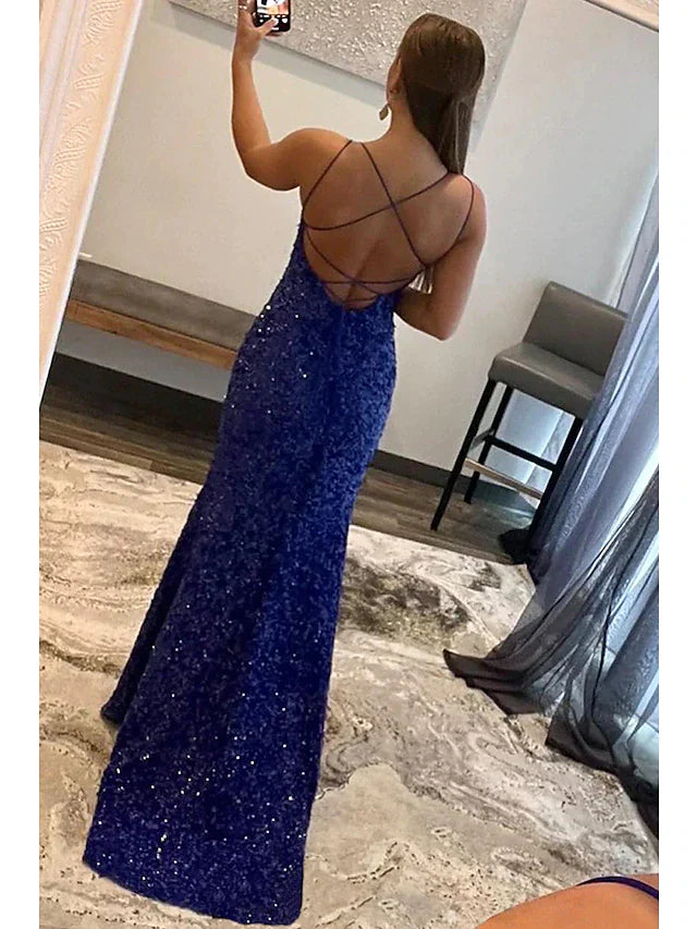 Mermaid / Trumpet Prom Dresses Hot Dress Formal Sweep / Brush Train Sleeveless Spaghetti Strap Sequined Backless with Sequin Slit