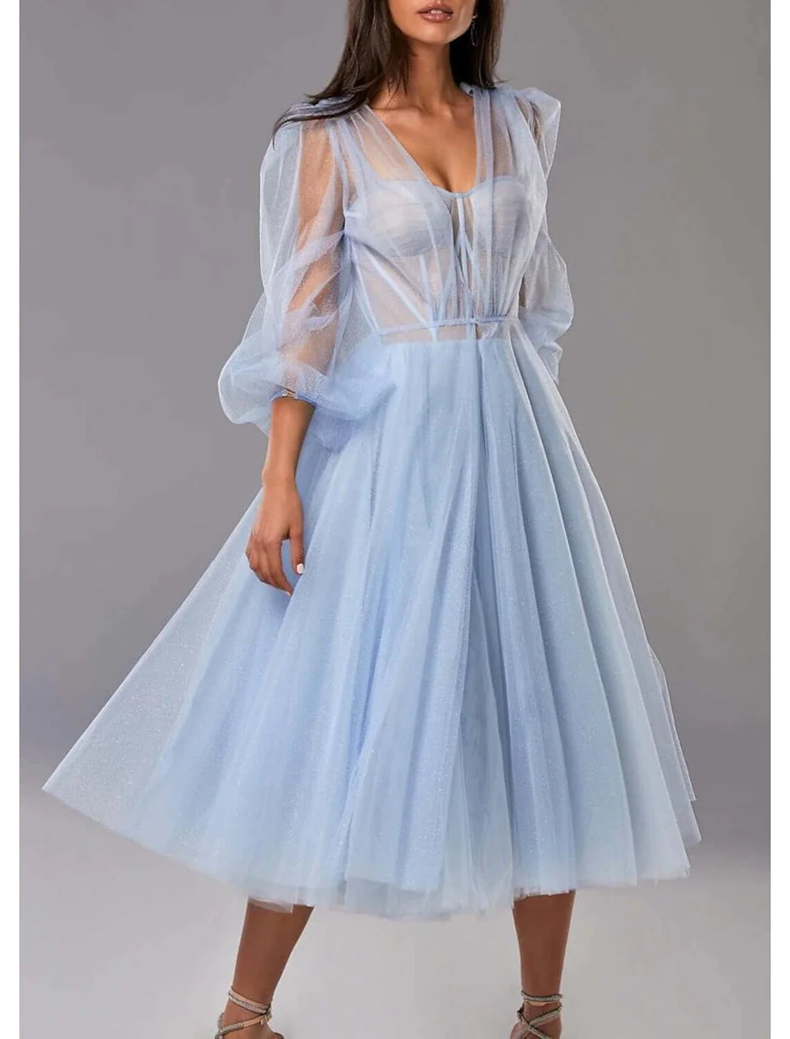 Two Piece A-Line Prom Dresses Elegant Dress Wedding Guest Tea Length Half Sleeve Sweetheart Tulle with Pleats Pure Color