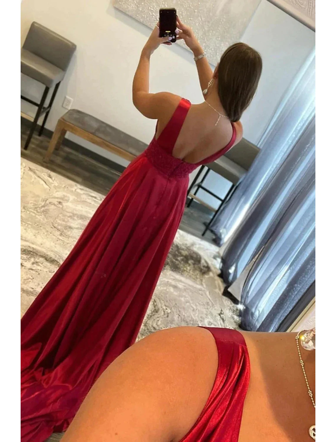A-Line Prom Dresses Empire Dress Formal Court Train Sleeveless Scoop Neck Lace Backless with Slit