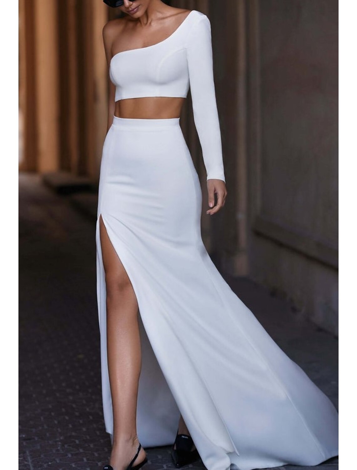 Sheath / Column Minimalist Sexy Prom Birthday Dress One Shoulder Long Sleeve Court Train Satin with Slit Pure Color