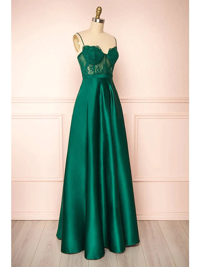 A-Line Prom Dresses See Through Dress Formal Floor Length Sleeveless Sweetheart Satin Backless with Appliques