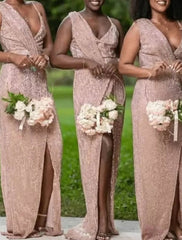 Sheath / Column Bridesmaid Dress V Neck Sleeveless Sparkle & Shine Sweep / Brush Train Sequined with Split Front / Solid Color - RongMoon