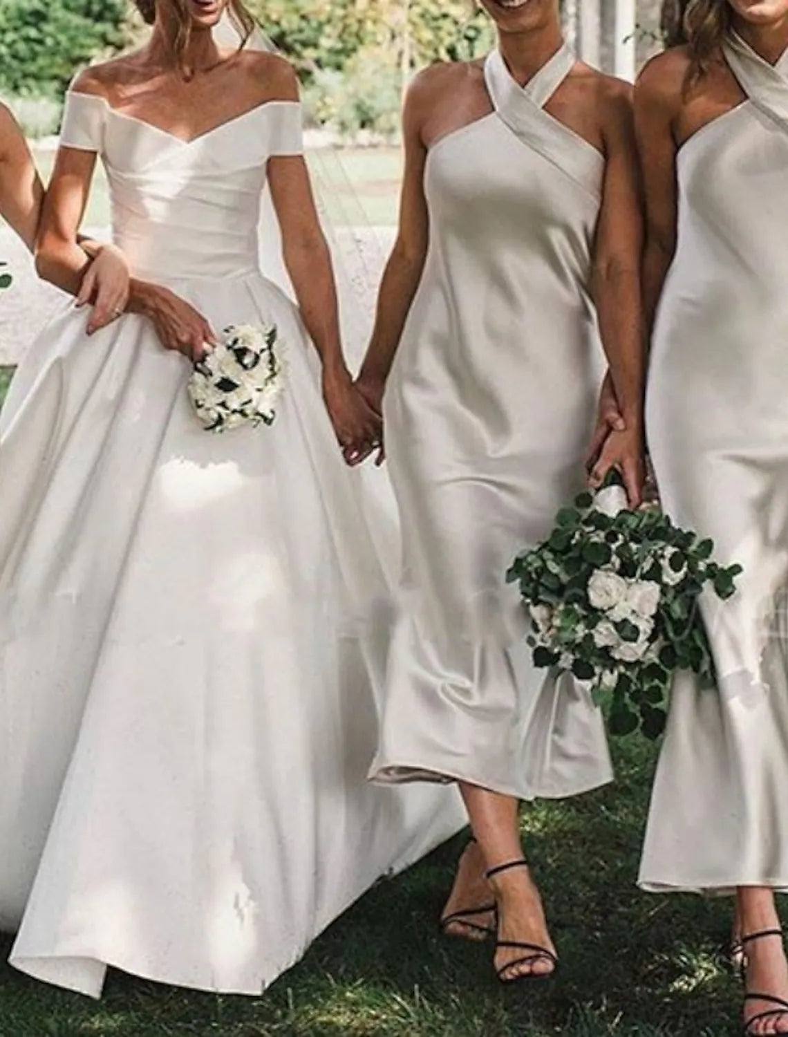 Sheath / Column Bridesmaid Dress Halter Neck Sleeveless Vintage Ankle Length Charmeuse with Solid Color - RongMoon
