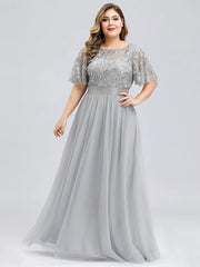 A-Line Prom Dresses Plus Size Dress Wedding Guest Floor Length Short Sleeve Jewel Neck Chiffon with Appliques