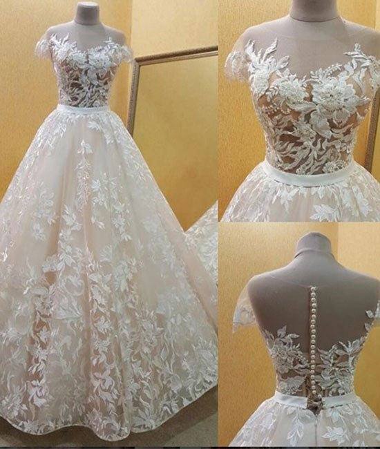 Champagne lace long prom dress, champagne evening dress - RongMoon