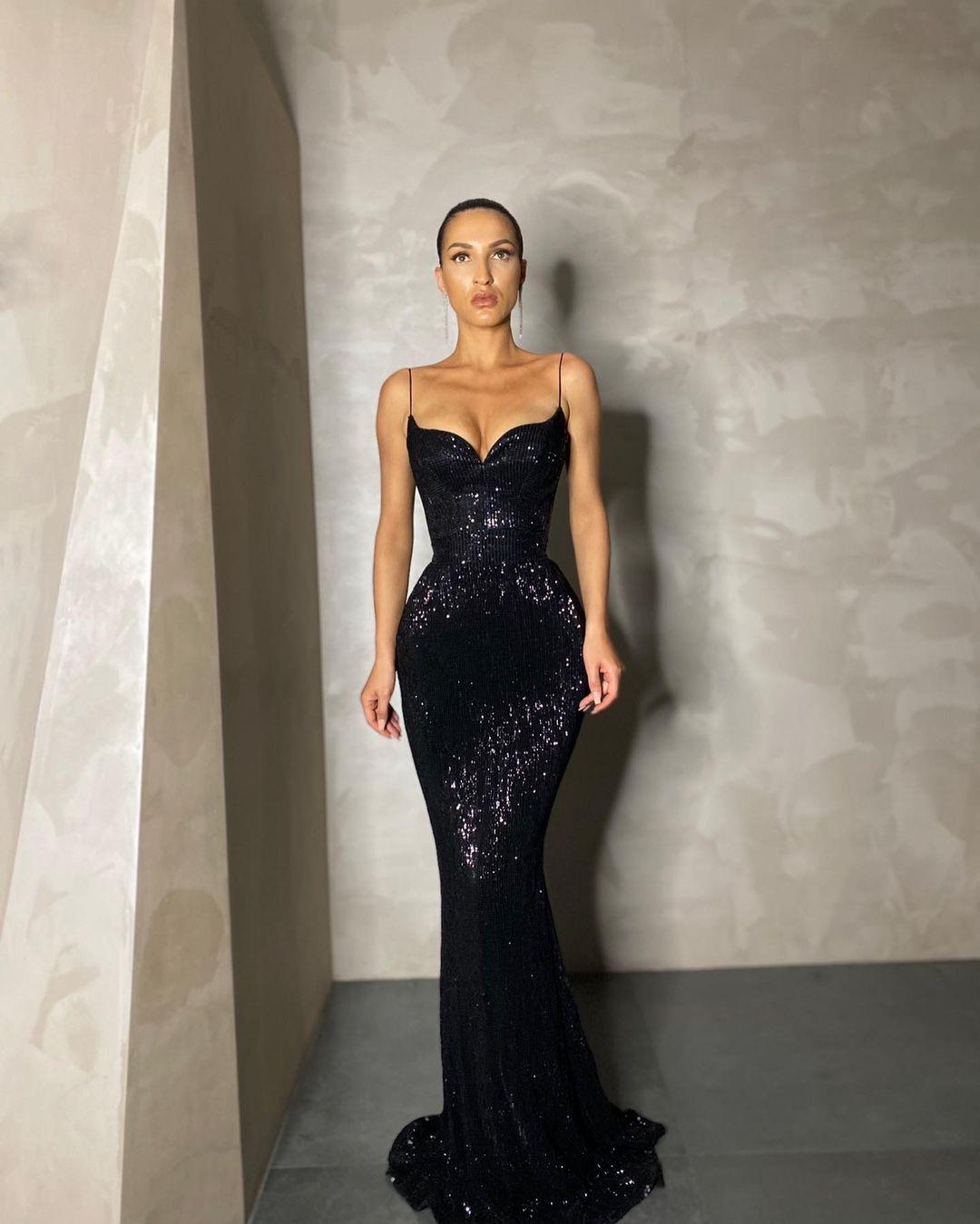 Spaghetti Long Mermaid Black Fitted Sequin Prom Dresses, Popular Prom Dresses, Newest Prom Dresses, Affordable Prom Dresses - RongMoon