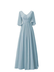 A-Line Bridesmaid Dress V Neck Half Sleeve Elegant Floor Length Chiffon with Pleats / Ruffles - RongMoon